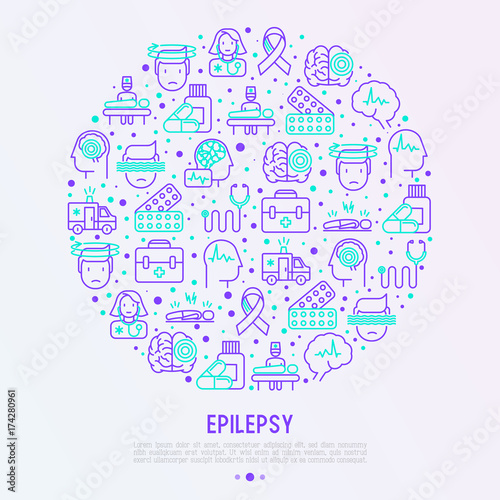 Epilepsy concept in circle with thin line icons of symptoms and treatments: convulsion, disorder, dizziness, brain scan. World epilepsy day. Vector illustration for banner, web page, print media. photo