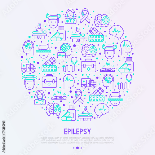 Epilepsy concept in circle with thin line icons of symptoms and treatments: convulsion, disorder, dizziness, brain scan. World epilepsy day. Vector illustration for banner, web page, print media.