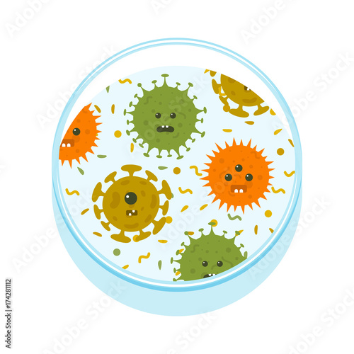 Petri dish with cartoon microbes