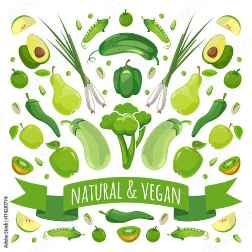 Vector illustration of green fruits and vegetables