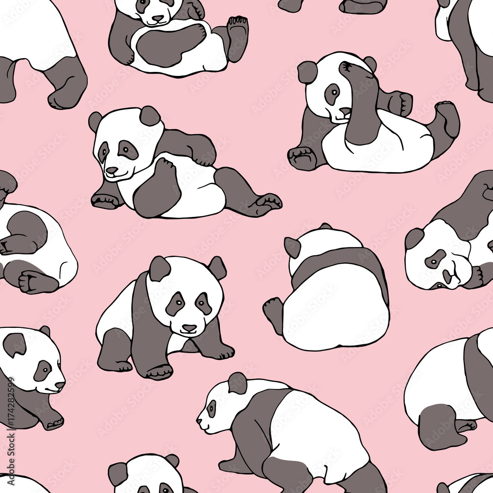 Obraz premium Seamless pattern with cartoon character asian bear (panda) on a light pink background. Vector illustration.