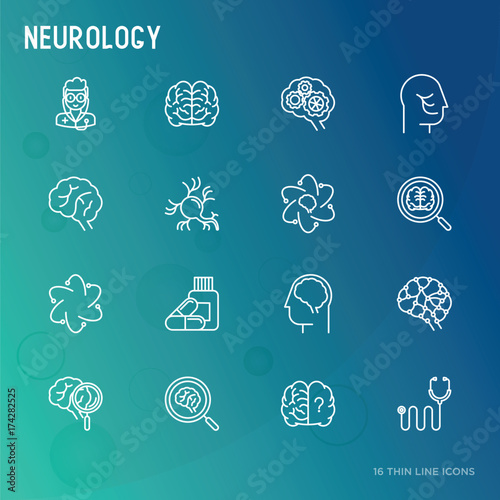 Neurology concept thin line icons: brain, neuron, neural connections, neurologist, magnifier. Vector illustration for medical survey or report.
