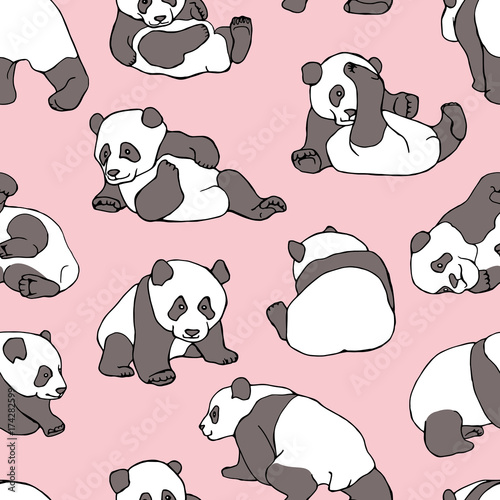 Fototapeta Naklejka Na Ścianę i Meble -  Seamless pattern with cartoon character asian bear (panda) on a light pink background. Vector illustration.