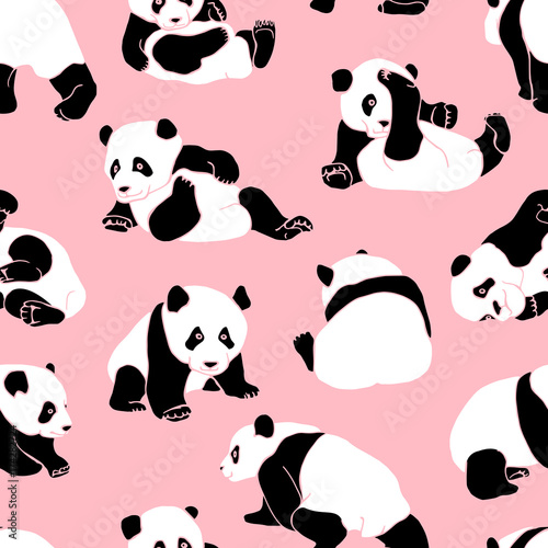 Seamless pattern with black and white asian bear (panda) on a light pink background. Vector illustration.