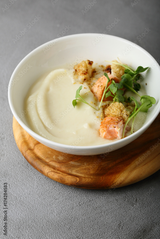 Vegetables Cream-soup with salmon in bowl Vegetables Cream-soup with salmon in bowl