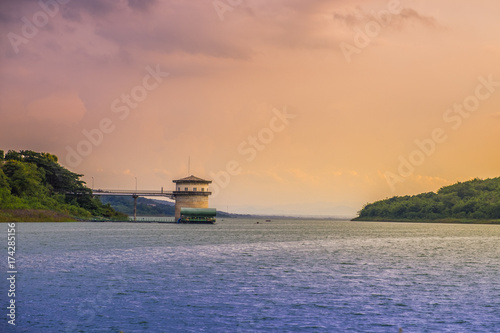 Water supply pumping station of Lamtakong Dam under sunset sky