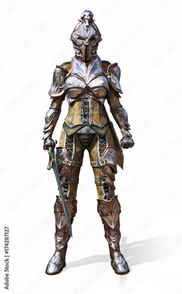 Female armored knight with sword on an isolated white background. 3d rendering Female armored knight with sword on an isolated white background. 3d rendering