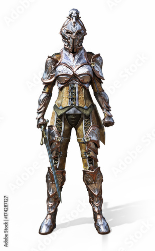 Female armored knight with sword on an isolated white background. 3d rendering