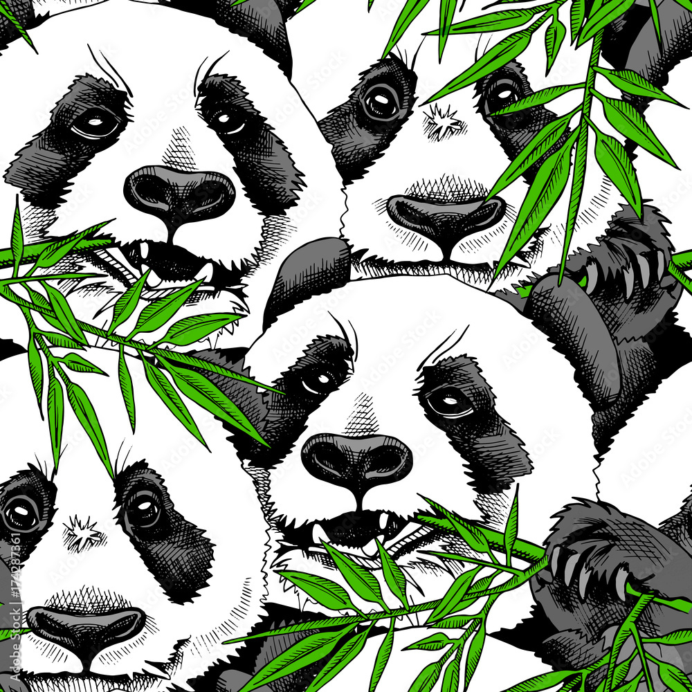 Obraz premium Seamless pattern with image of a Panda eating branch of bamboo. Vector illustration.