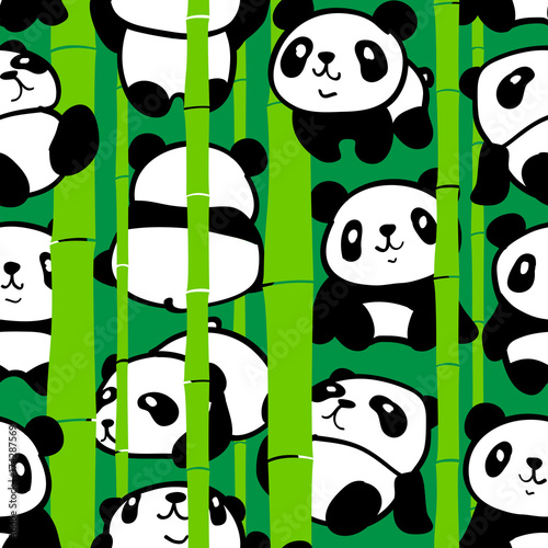 Fototapeta Naklejka Na Ścianę i Meble -  Seamless pattern with image of a too much pandas in a Bamboo forest. Vector illustration.