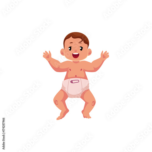 vector flat cartoon style newborn cute infant baby boy toddler in diaper or nappy smiling lying on his back. Isolated illustration on a white background.
