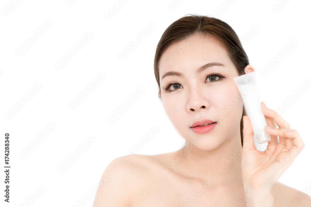 Asian beauty woman present skin product on white background