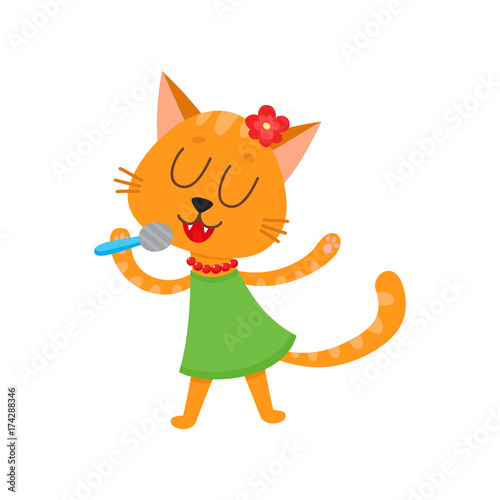 vector flat cartoon cheerful female cat character singing in microphone wearing green dress, flower in head ,necklace happily smiling. isolated illustration on a white background Animals party concept