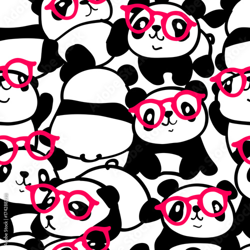 Fototapeta Naklejka Na Ścianę i Meble -  Seamless pattern with image of a too much pandas in a glasses. Vector illustration.