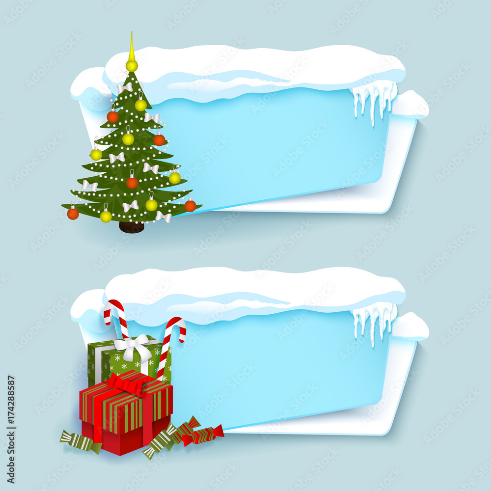 vector cartoon white, blue winter empty banner templates wit snow caps, icicles and christmas new year holidays symbols - decorated spruce tree, present boxes set. Illustration on grey background.