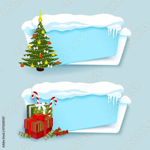 Wallpaper Mural vector cartoon white, blue winter empty banner templates wit snow caps, icicles and christmas new year holidays symbols - decorated spruce tree, present boxes set. Illustration on grey background. Torontodigital.ca