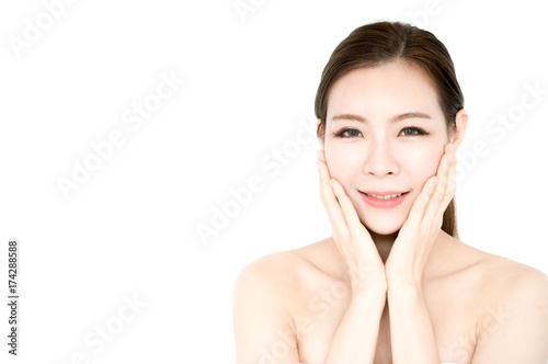 Asian beauty women present skin for skin care product on white background