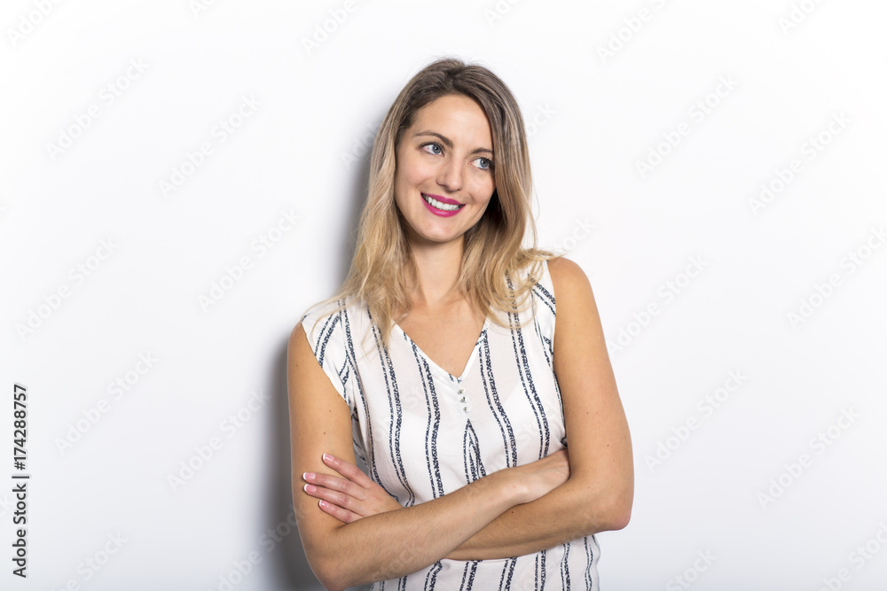 Young Woman Leaning Against Gray Wall Background Young Woman Leaning Against Gray Wall Background