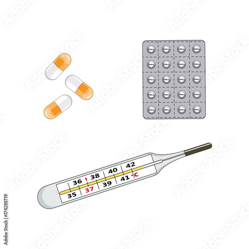 Vector cold and flu therapy objects set flat cartoon concept. Cartoon illustration isolated on a white background. Drugs, pills blister and thermometer.