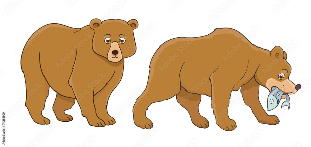 cartoon bear set, standing and catching fish. vector illustration Stock ...