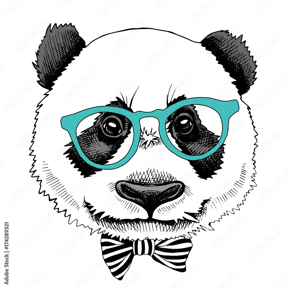 Obraz premium Panda portrait in a glasses with tie. Vector illustration.