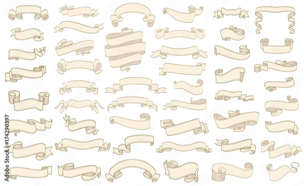 set of vintage scrolls ribbons on white. old blank banners vector illustration