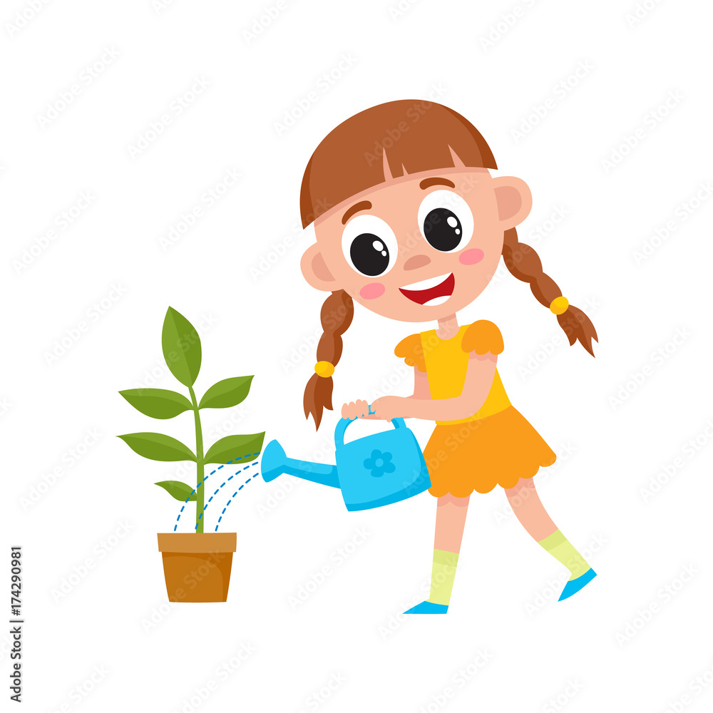 vector flat cartoon cute girl kid watering green plant in ceramic pot by  watering can. Isolated illustration on a white background. daily routine  concept. Stock Vector | Adobe Stock
