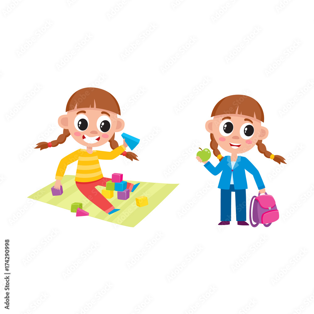 Little girl playing with wooden blocked and standing dressed and ready for school, cartoon vector illustration isolated on white background. Cartoon little girl playing at home and going to school