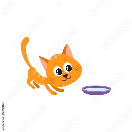 Cute comic style red cat and bowl of milk, cartoon vector illustration isolated on white background. Cute and funny cartoon cat, kitten going to drink milk from bowl