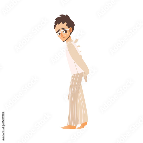 vector flat man in Psychiatric hospital, mental patient uniform, glasses walking folded arms behind his back suffering from anxiety. Isolated illustration on a white background. Mental illness concept