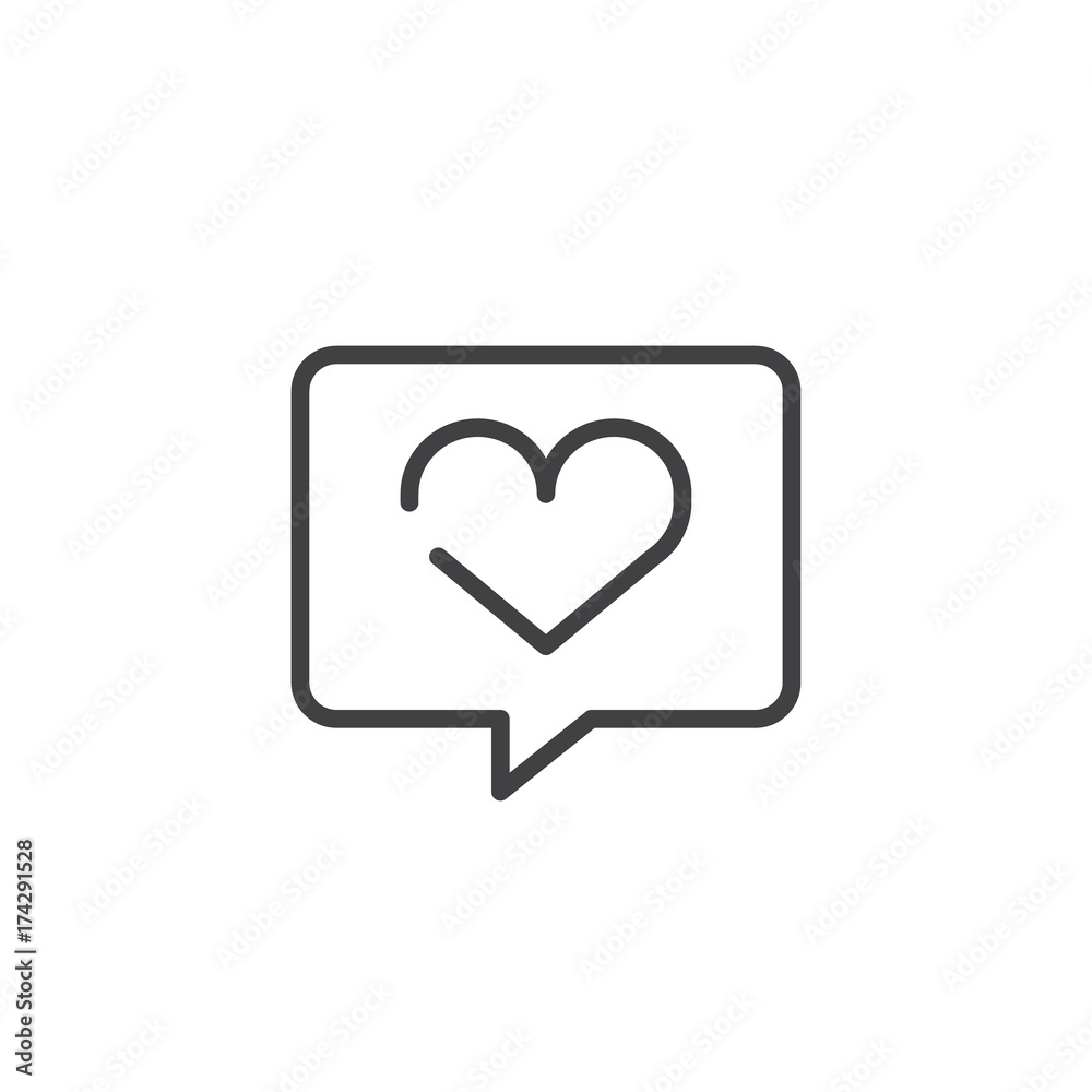 Speech bubble with heart line icon, outline vector sign, linear style pictogram isolated on white. Symbol, logo illustration. Editable stroke Speech bubble with heart line icon, outline vector sign, linear style pictogram isolated on white. Symbol, logo illustration. Editable stroke