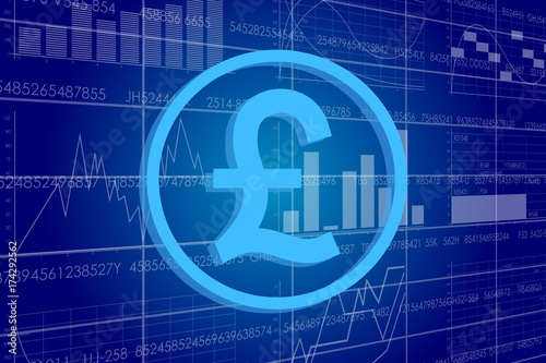 Vector business theme illustration. A pound sterling sign against the background of electronic digits and graphs.