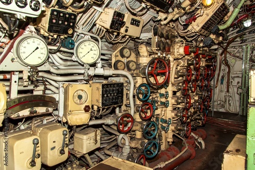 Canvastavla Interior of combat submarine compartment with devices of control.