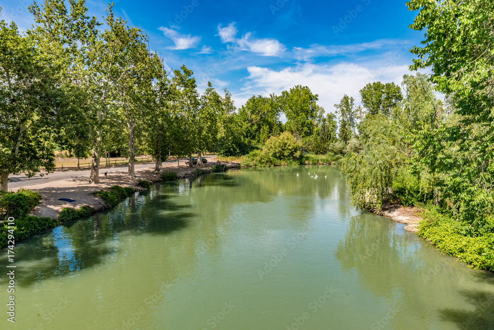 View of Tejo River in the Garden of the Prince, Cultural Landscape of Aranjuez, Madrid, Spain.