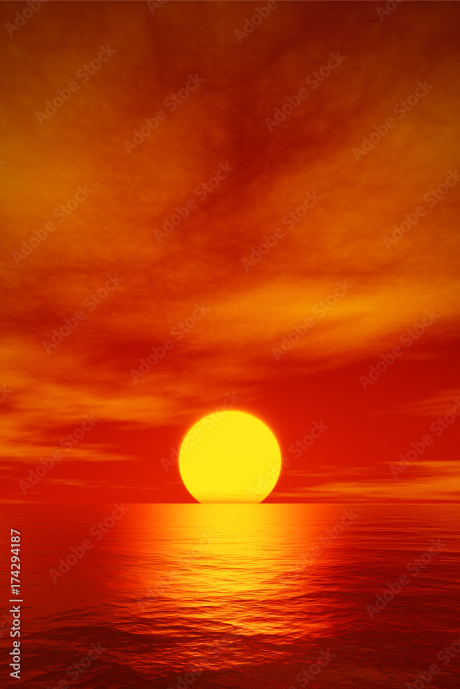 Fototapeta premium duży piękny czerwony zachód słońca nad oceanem
