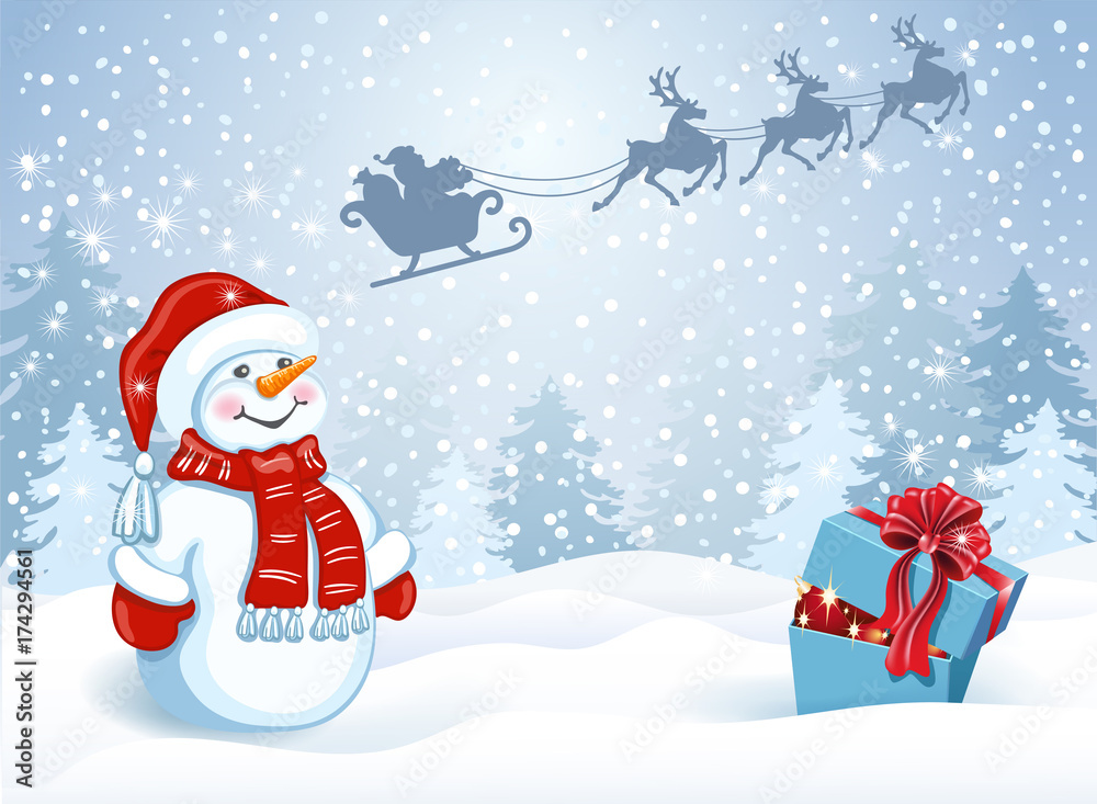 Christmas card with funny Snowman against winter forest background and Santa Claus in sleigh with reindeer team