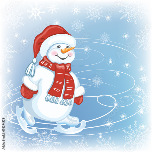 Christmas card with  Snowman in Santa cap and in skates on skating rink
