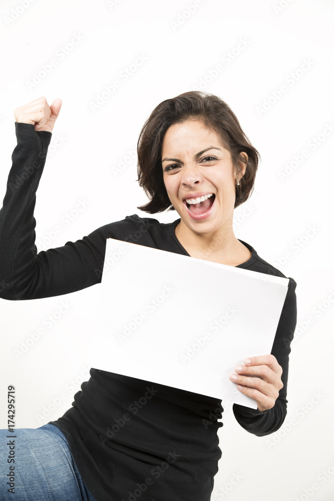 Beautiful young woman holding a blank sheet of paper Beautiful young woman holding a blank sheet of paper