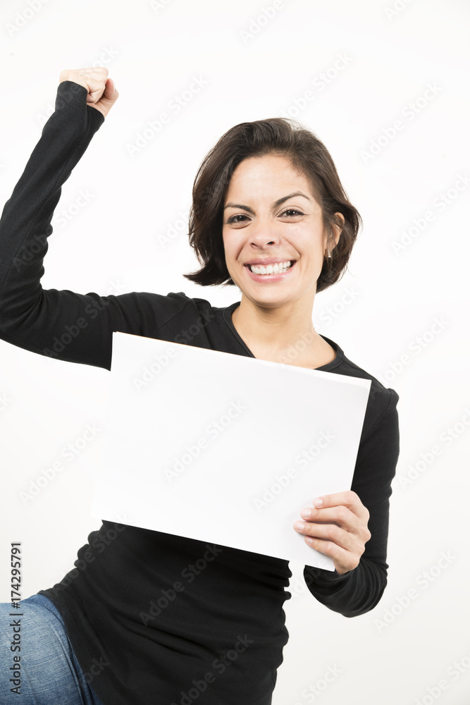 Beautiful young woman holding a blank sheet of paper Beautiful young woman holding a blank sheet of paper