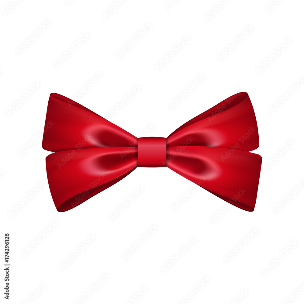 Gift bow ribbon silk. Red bow tie isolated on white background. 3D gift bow tie for Christmas present, holiday decoration, birthday celebration. Decorative satin ribbon element Vector illustration