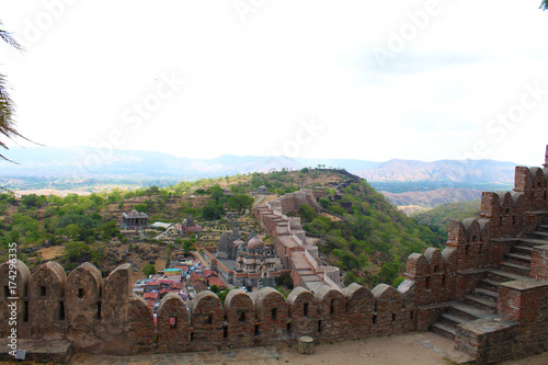 kumbhalgarh fort wall and jain temples on Aravalli hills photo