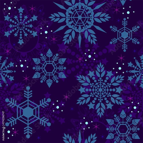 crystal Snowflake seamless pattern texture background vector in deep blue tone