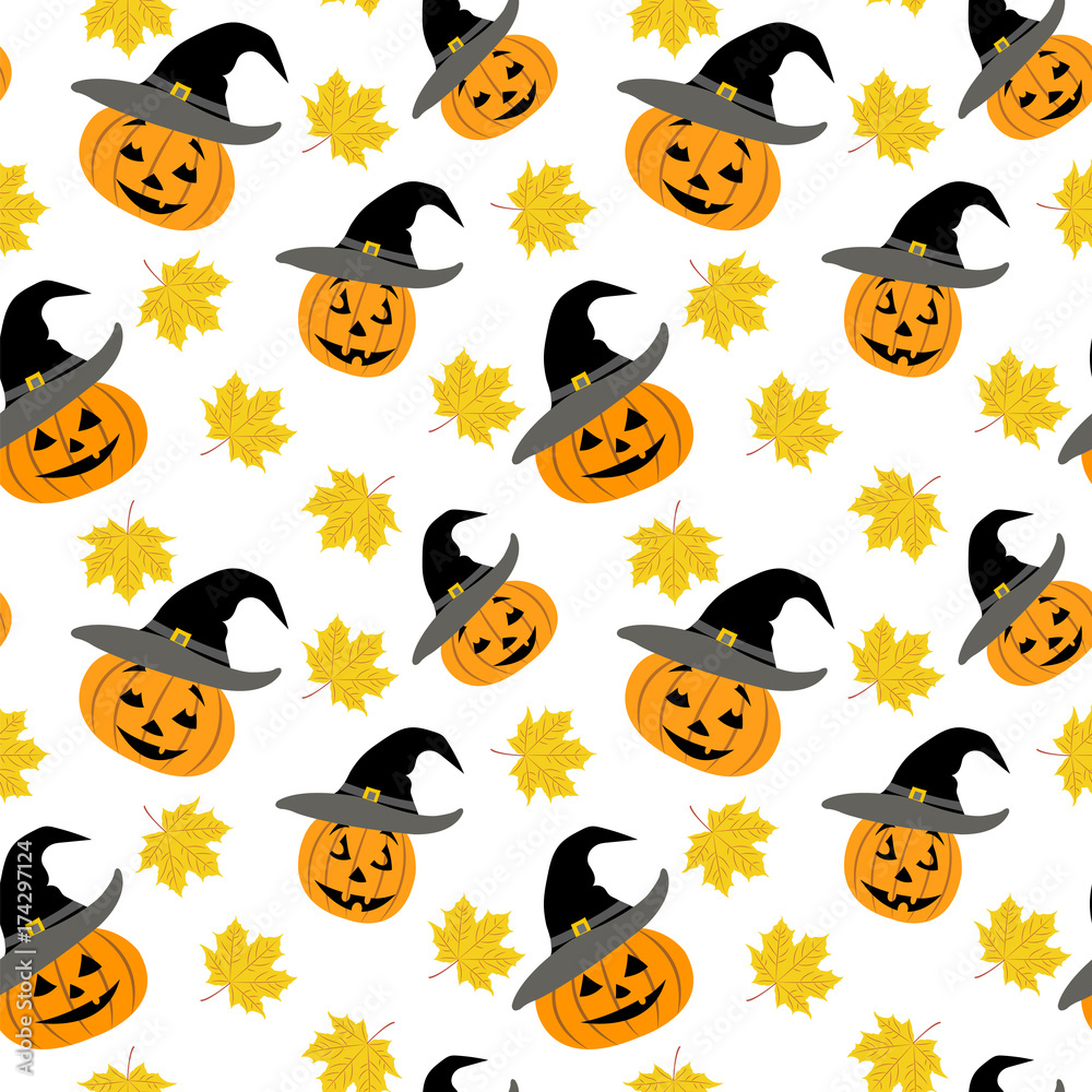 Fototapeta premium Seamless pattern with pumpkins in a black witch hat and autumn maple leaves.