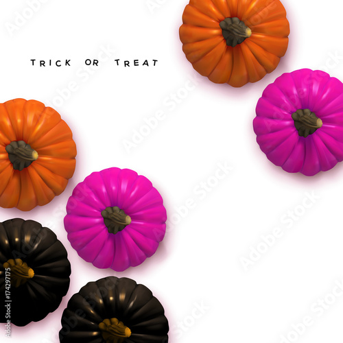 Stylish Frame background with black, natural and fashion purple Halloween pumpkin with trick or treat text. Isolated on white background. Flat lay, top view. Vector Illustration