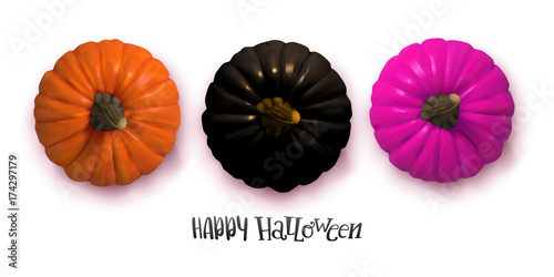 Stylish Frame background with black  natural and fashion purple Halloween pumpkin with Happy Halloween lettering. Isolated on white background. Flat lay  top view. Vector Illustration