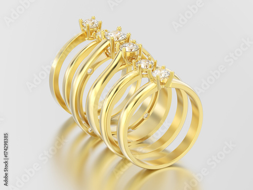 3D illustration five yellow gold different traditional solitaire engagement diamond rings with shadow and reflection photo