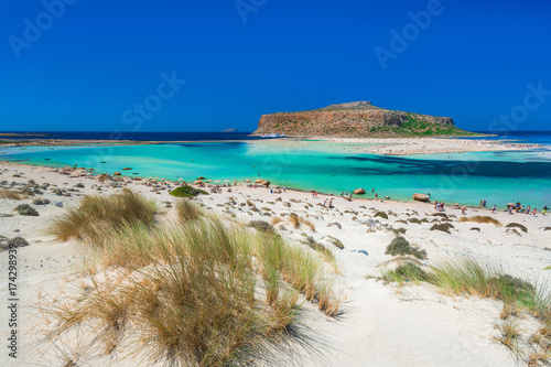 Amazing panorama of Balos Lagoon with magical turquoise waters  lagoons  tropical beaches of pure white sand and Gramvousa island on Crete  Greece