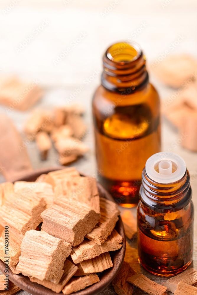 Sandalwood essential oil on the table Sandalwood essential oil on the table