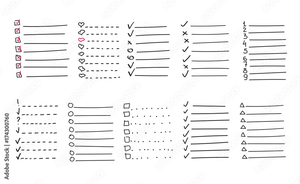 Collection of vector isolated outline hand drawn check to do list, bullet, check Collection of vector isolated outline hand drawn check to do list, bullet, check