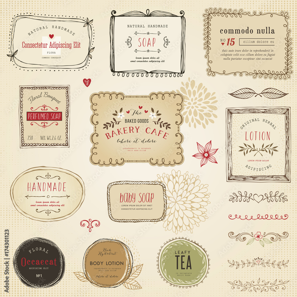 Retro hand drawn labels, frames, flowers and floral dividers. Retro hand drawn labels, frames, flowers and floral dividers.